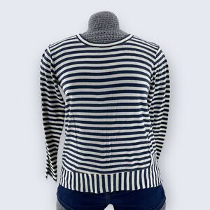 CAbi Navy & White Bengal Stripe Cotton Asymmetrical Long Sleeve Tee 256 XS